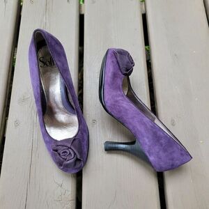 Sofft Fiorella Purple Suede Leather 3D Floral Flower Vamp Stiletto Pumps Heels 7